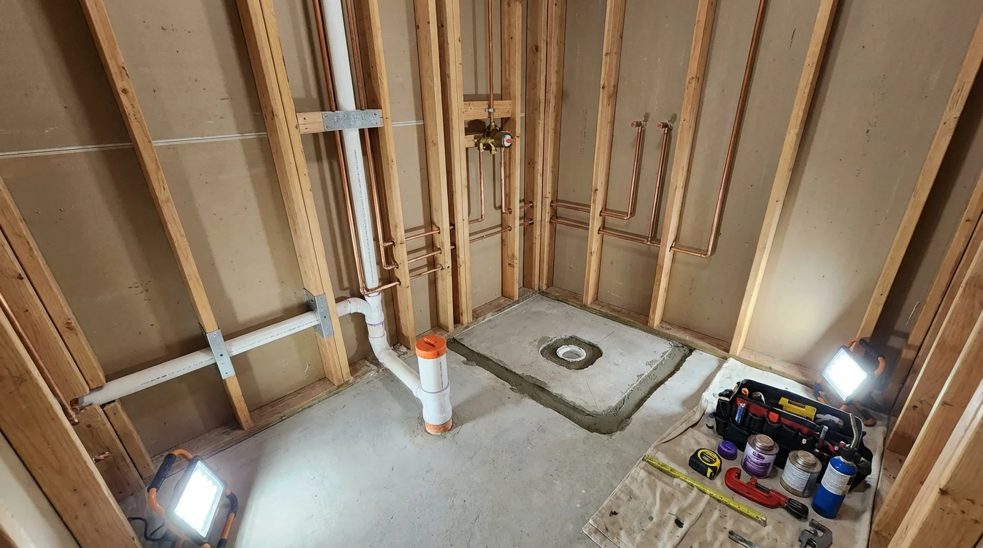 Bathroom rough-in plumbing during remodel by Johns Plumbing LLC in South Milwaukee