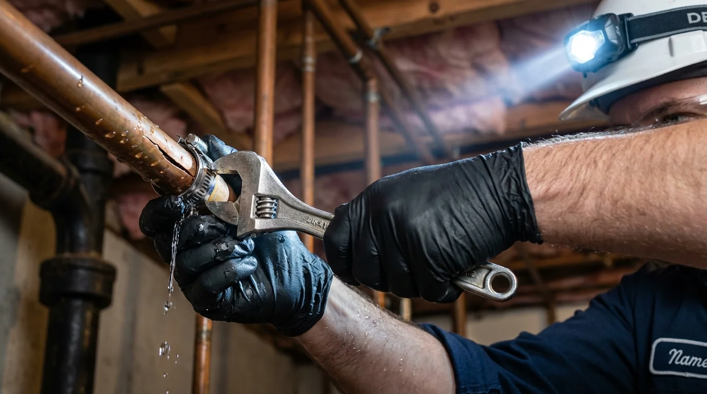 Emergency pipe clamp repair being performed by a Johns Plumbing LLC plumber in South Milwaukee