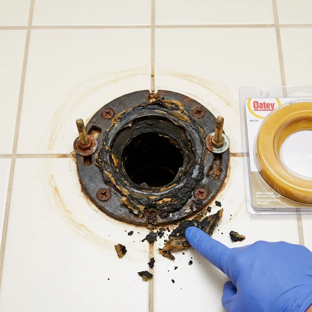 Failed wax ring showing water seepage at the base of a toilet in a South Milwaukee, WI home