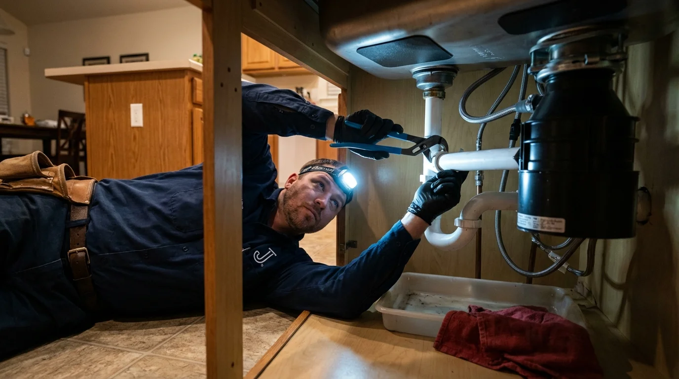 P-trap and supply line connections under a kitchen sink showing a common leak point in South Milwaukee, WI